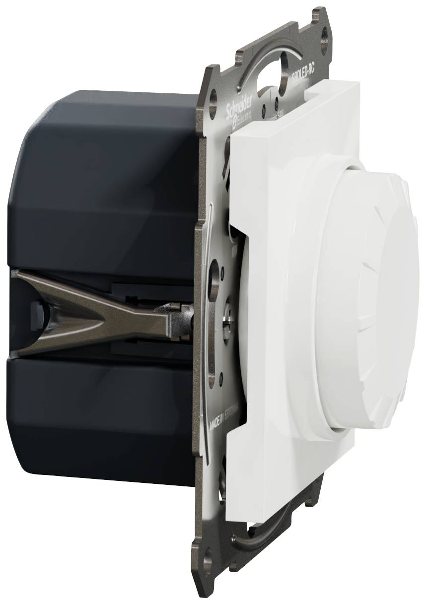 Un interrupteur variateur blanc, monté sur un cadre argenté, vu de côté. Adapté pour une installation murale dans les systèmes électriques.