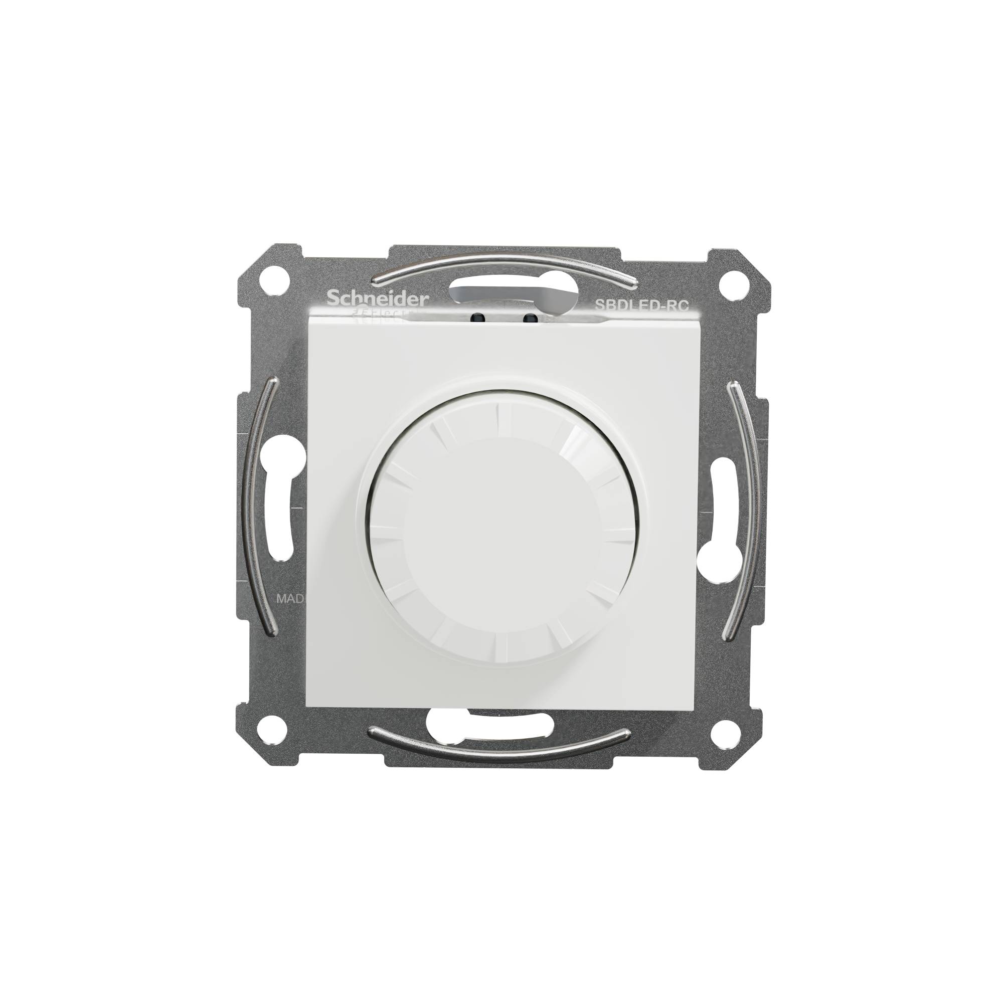 Un interrupteur rotatif blanc de Schneider Electric pour montage mural, adapté pour contrôler la luminosité ou la vitesse d'un ventilateur.