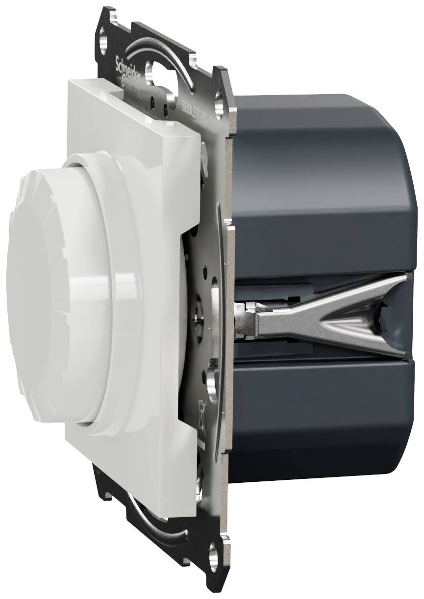 Variateur électrique avec bouton rotatif blanc, monté sur une base carrée en métal. Vue latérale du composant technique.