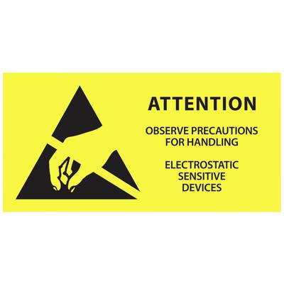 Panneau d'avertissement jaune avec un triangle noir et une main. Texte : 'Attention. Respectez les précautions de manipulation des dispositifs sensibles aux décharges électrostatiques'.