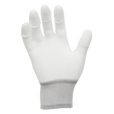 Un gant de travail blanc avec un poignet élastiqué, tenu verticalement avec les doigts écartés, sur un fond blanc.