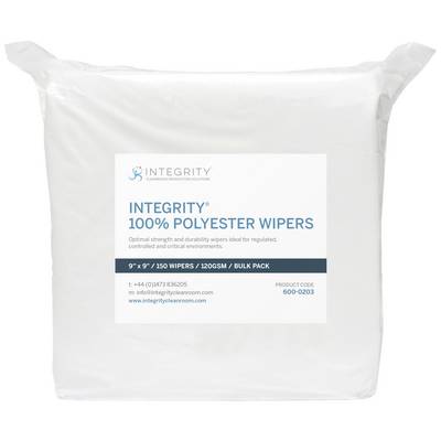 Paquet de lingettes 'Integrity 100% Polyester', idéales pour les environnements critiques. Contient 150 lingettes, dimension 9"x9", grammage 120 GSM.