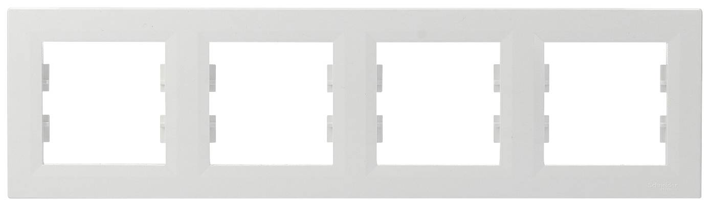 Cadre quintuple en plastique blanc, de forme rectangulaire, conçu pour accueillir cinq interrupteurs ou prises de courant alignés.