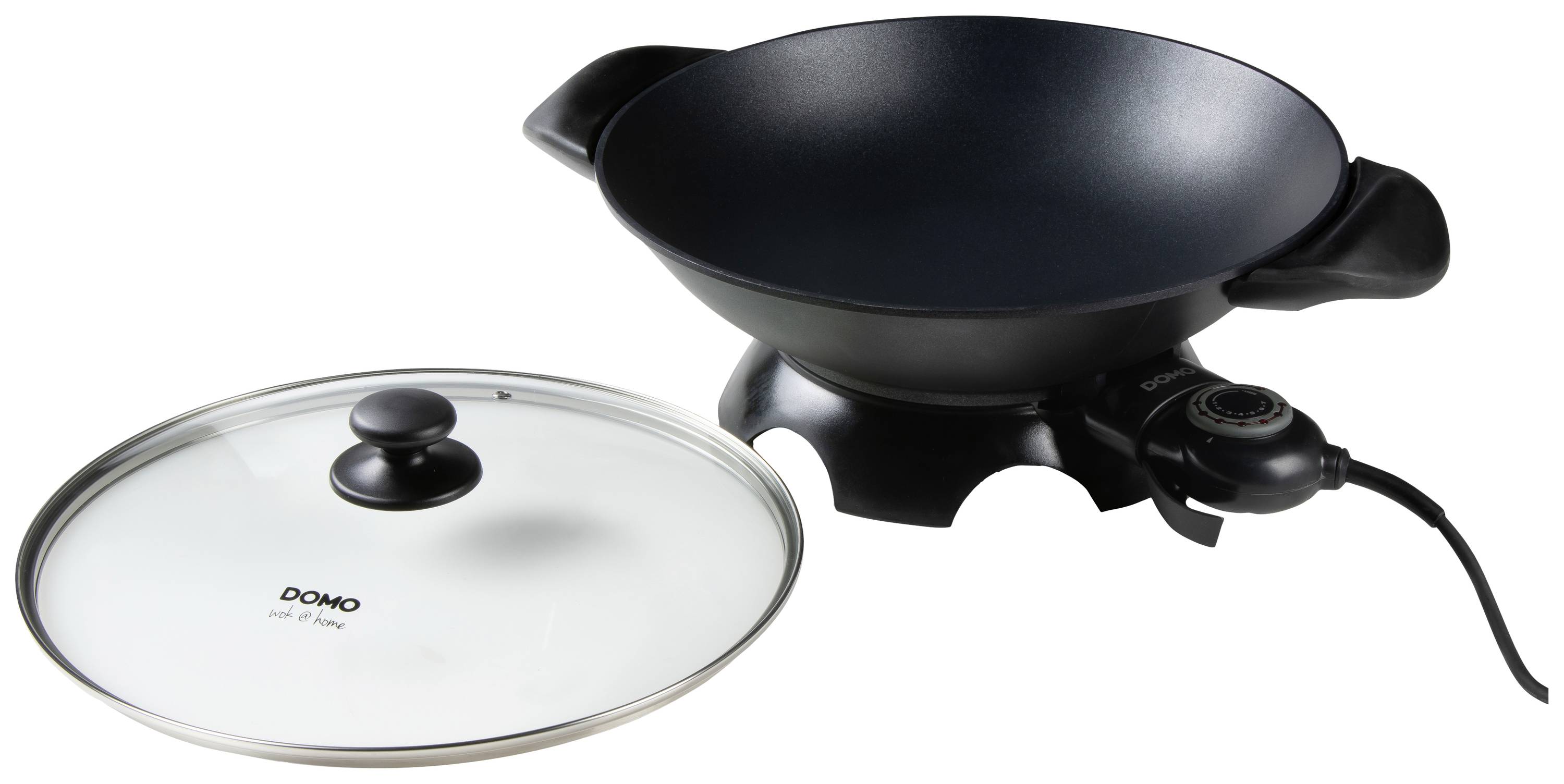 Poêle électrique wok avec poignées rondes et couvercle en verre, adaptée pour sauter et cuire les aliments.