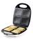 Un sandwich-grill ouvert contenant quatre sandwichs dorés à l'intérieur. Plaques noires striées pour un grillage uniforme.