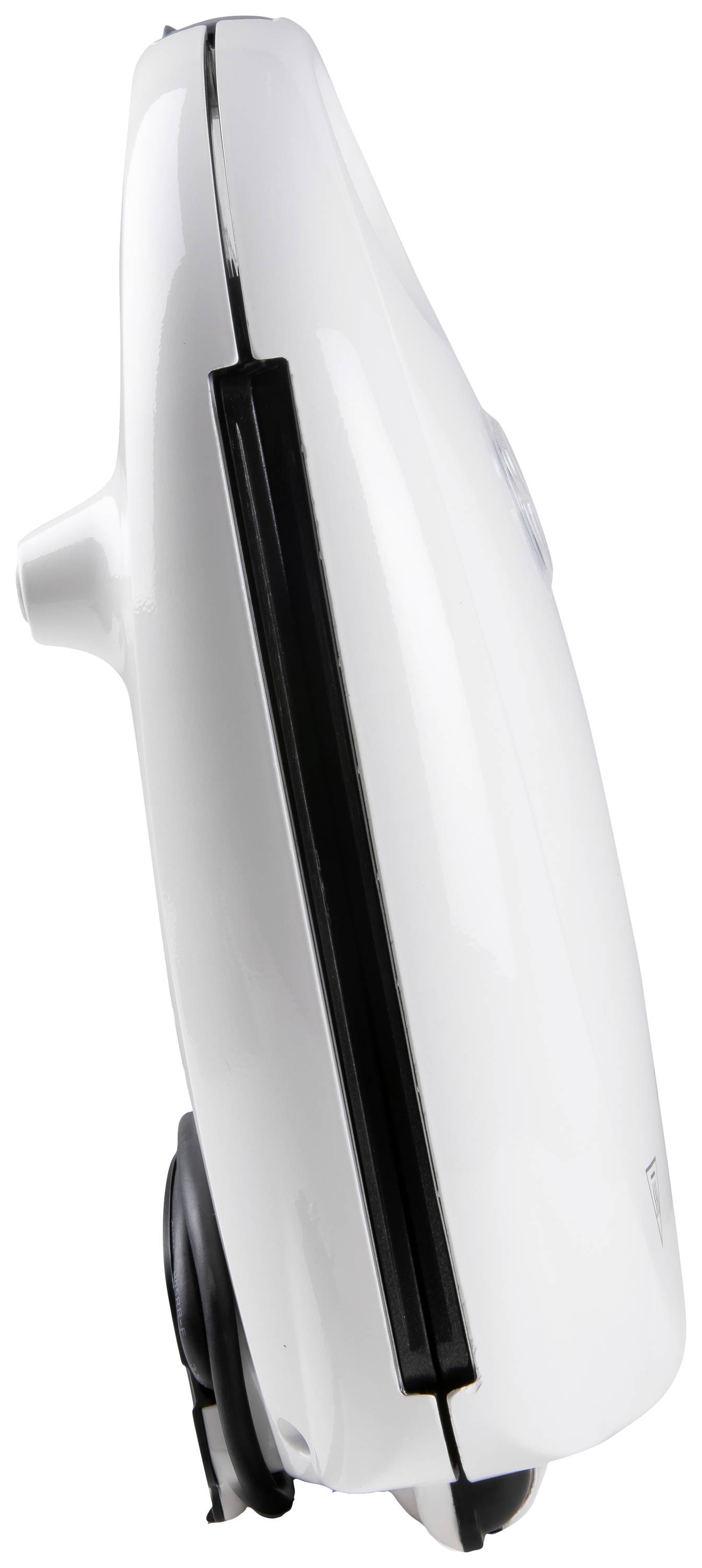 Un appareil électroménager blanc vu de profil. Il semble compact et maniable, probablement un grille-pain ou un appareil à croque-monsieur.