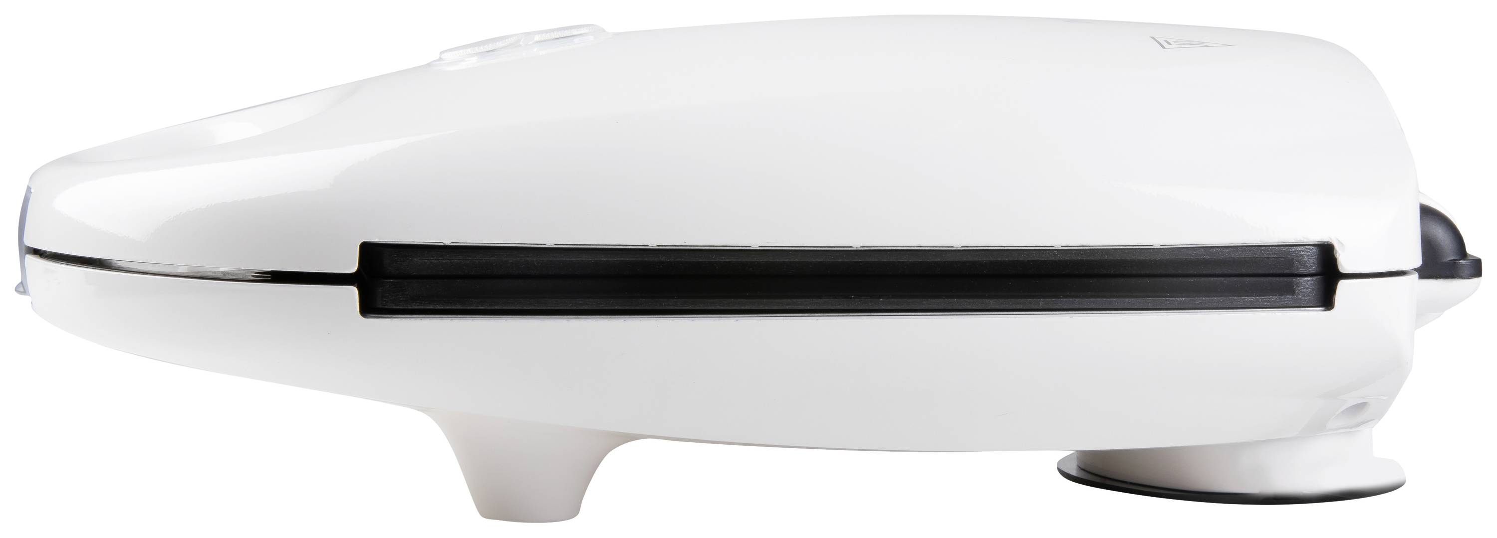 Appareil électrique à croque-monsieur avec boîtier blanc, vue de côté, fermé et sans détails visibles.