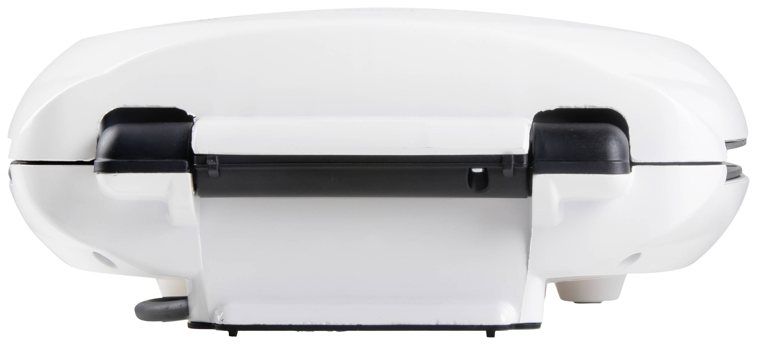 Un appareil de grill à contact blanc et fermé, présenté de côté en vue de dessus, avec une bande noire au centre.