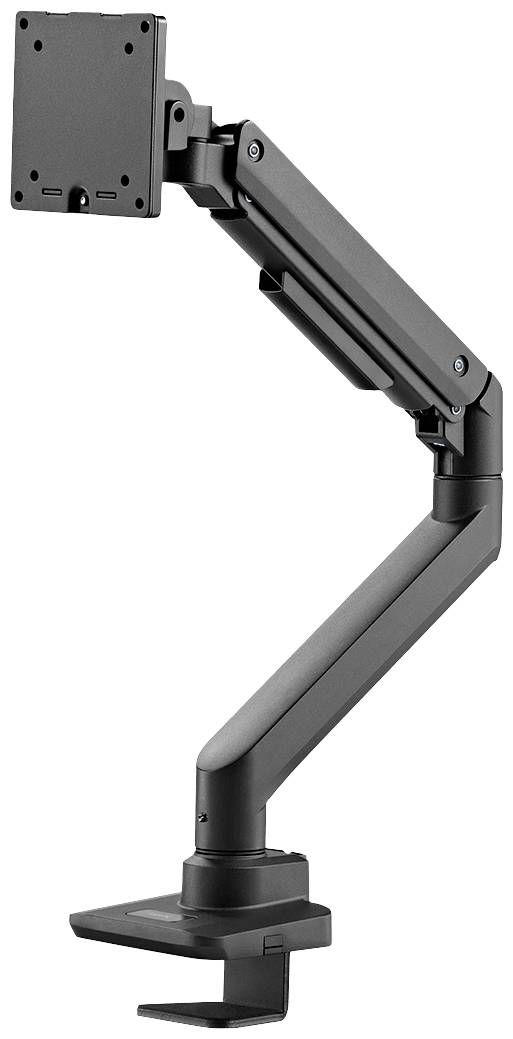Support de moniteur avec bras ajustable en noir mat, adapté au montage sur bureau et au positionnement flexible de l'écran.