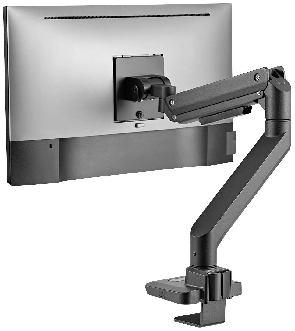 Support de moniteur avec bras ajustable fixé à un bureau. L'écran est positionné horizontalement sur un bras noir.