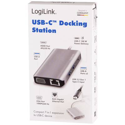Emballage du 'Station d'accueil USB-C LogiLink'. Présente l'image du produit et met en avant des fonctionnalités telles que HDMI, ports USB-A et Power Delivery.