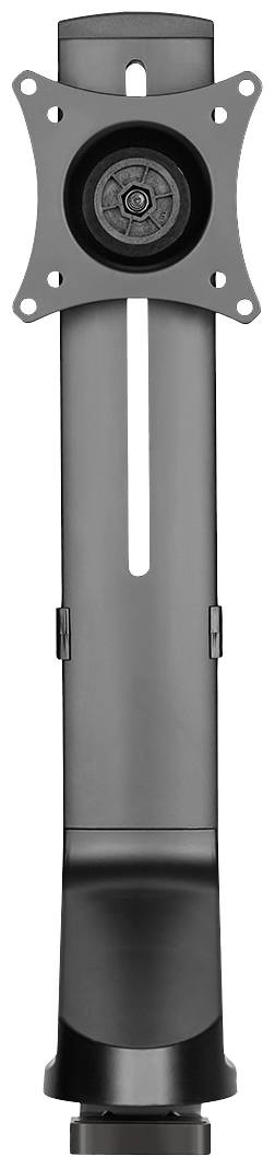 Un bras de moniteur en métal noir, orienté verticalement, équipé d'un mécanisme de pivotement en haut pour la fixation d'un écran.