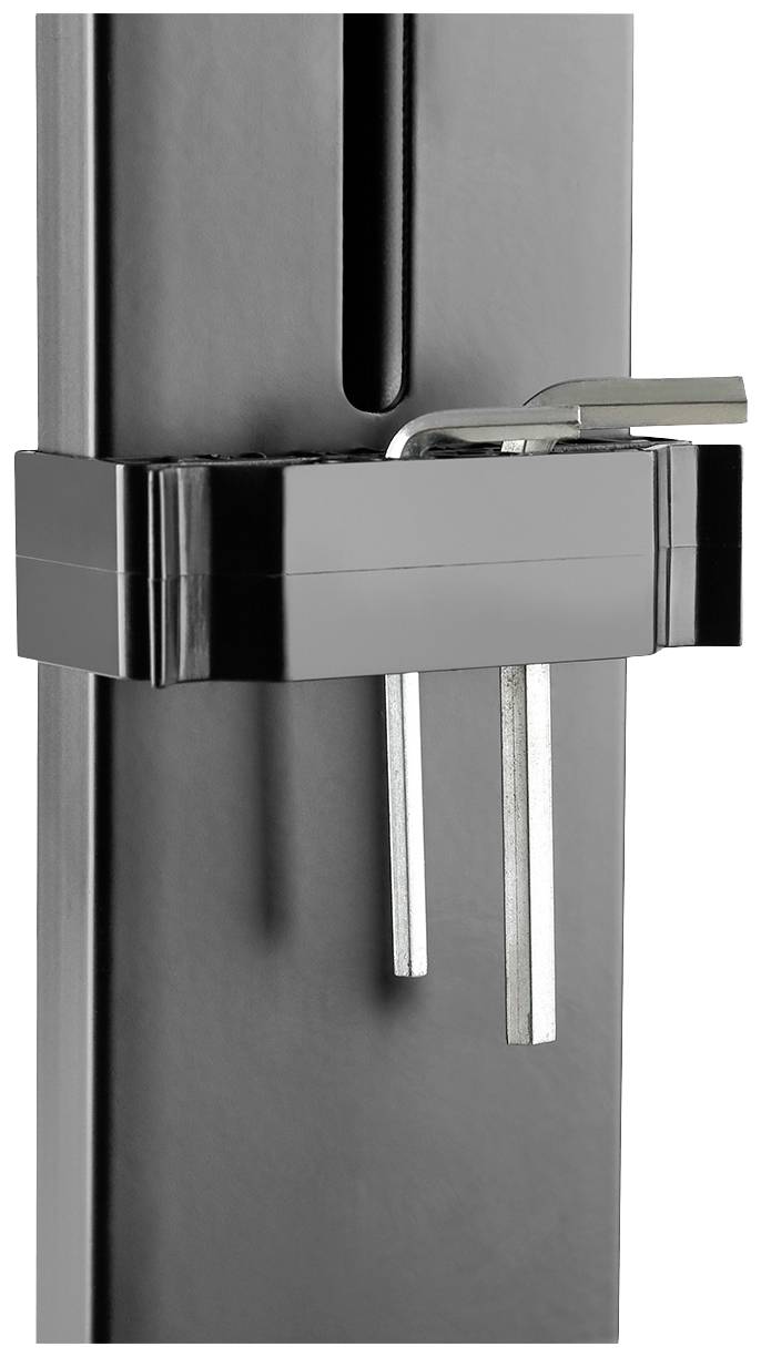 Un système de verrouillage électrique noir avec un mécanisme de pêne à finition argentée, monté sur une surface verticale.