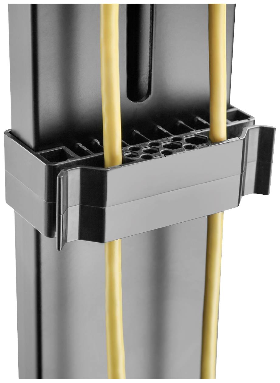 Support de câbles noir avec deux câbles jaunes montés verticalement. Adapté pour une organisation de câbles soignée.