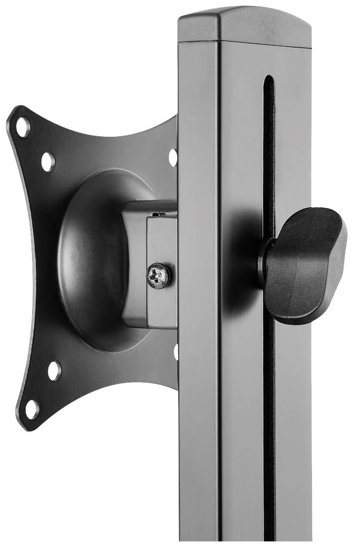 Un support noir et ajustable pour moniteur ou écran, équipé de trous de vis et d'une vis de réglage rotative.