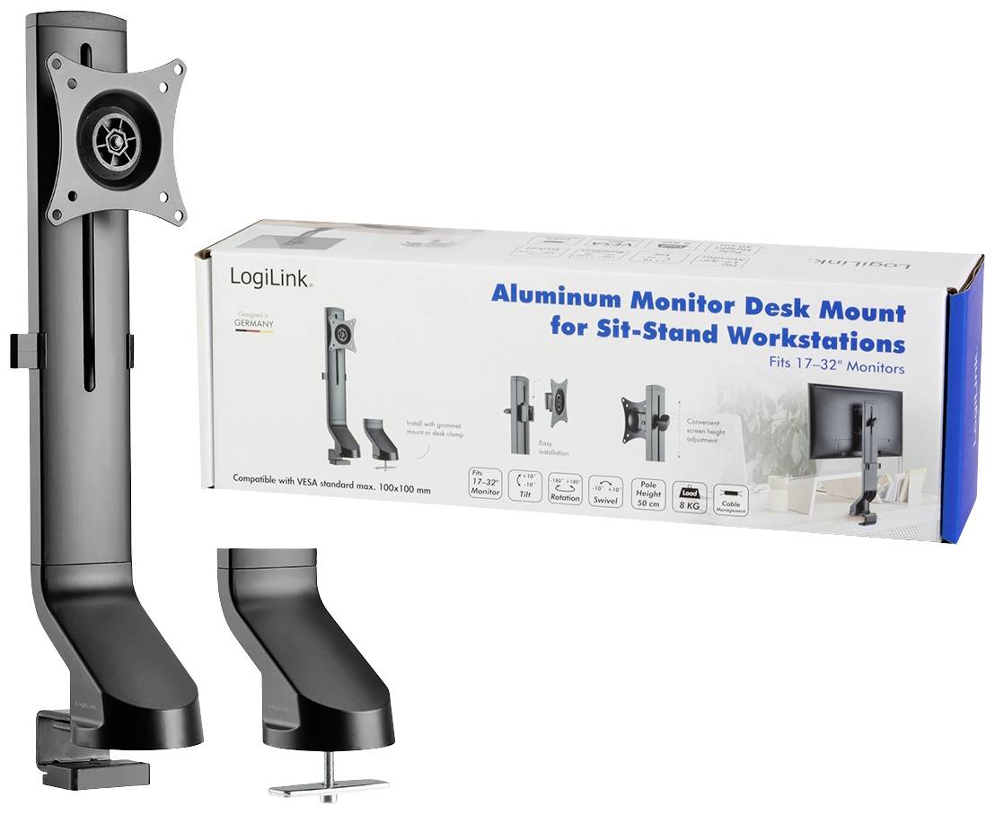 Un support de moniteur en aluminium noir pour bureaux, adapté aux écrans de 17 à 32 pouces. L'emballage présente des exemples de montage.