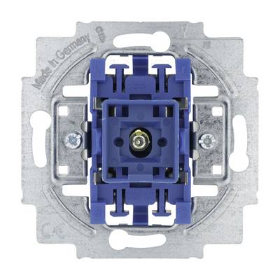 Un mécanisme d'interrupteur lumineux bleu avec un cadre métallique, portant la mention « Made in Germany », sans cache installé.