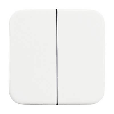 Interrupteur double en blanc, de forme carrée, au design minimaliste pour commander l'éclairage ou des appareils électriques.