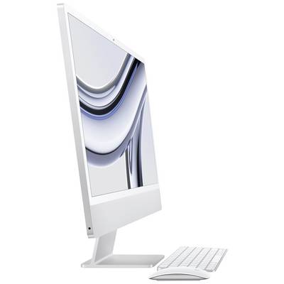 Un écran d'ordinateur blanc et élancé, avec un clavier et une souris sur un bureau. L'écran affiche un design abstrait.