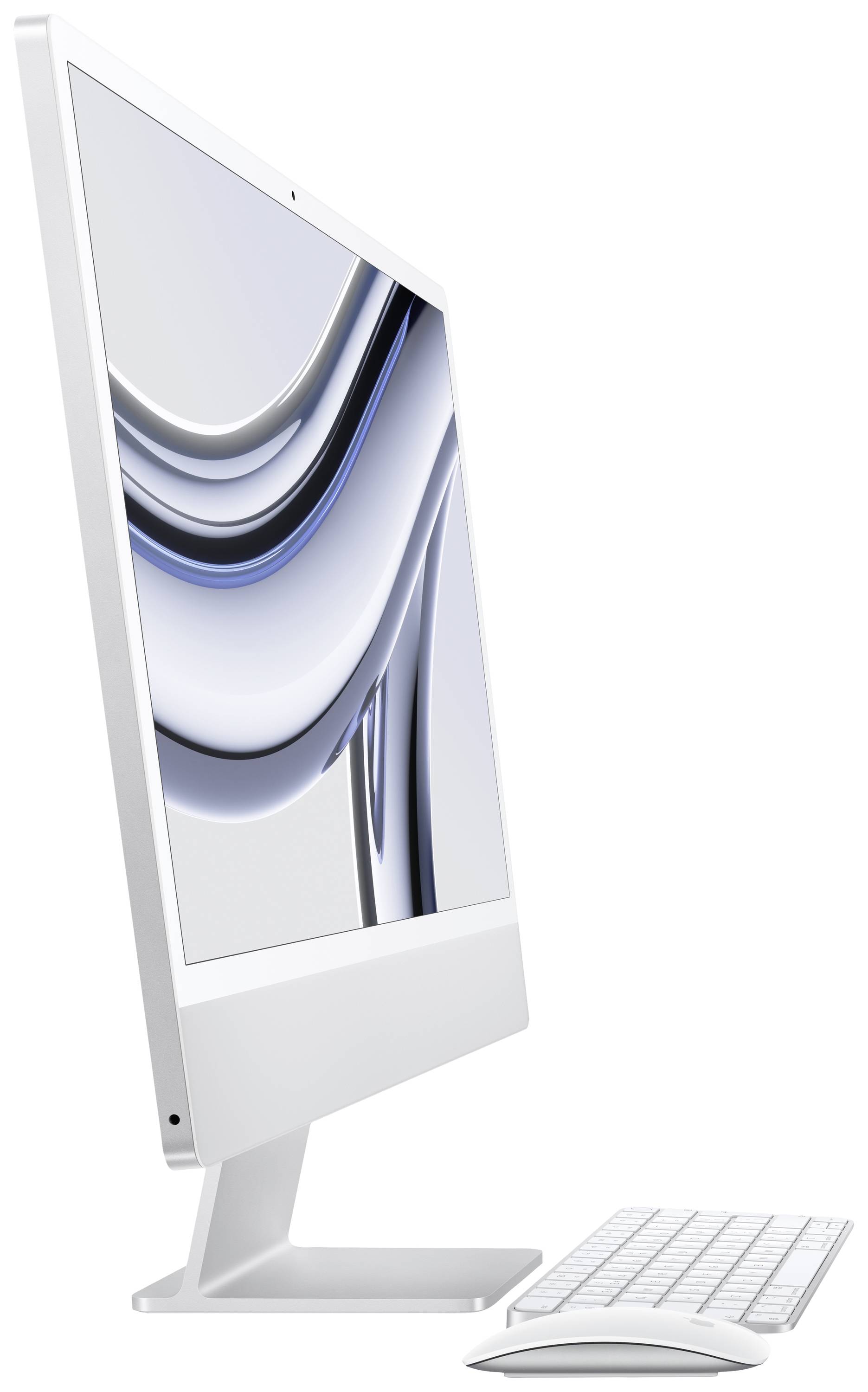 Un ordinateur tout-en-un moderne et élégant, vu de profil, avec un clavier et une souris devant. L'écran affiche un design abstrait et ondulé.