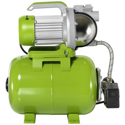 Pompe à eau verte avec moteur argenté et boîtier de commande noir, reliés par un tuyau métallique flexible.