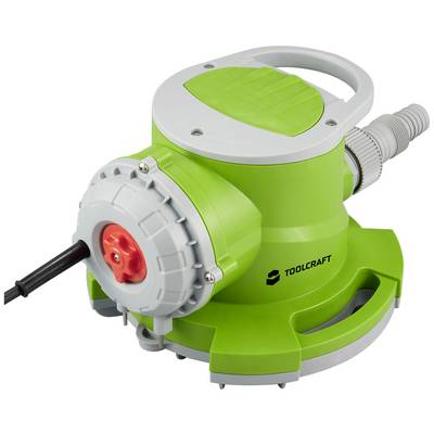 Pompe électrique verte de Toolcraft avec câble de raccordement et tuyau de vidange. Elle est ronde et dispose d'un bouton rotatif rouge.