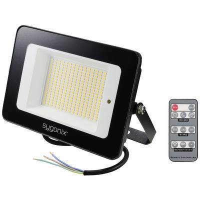 Projecteur LED avec télécommande, marque sygonix. Boîtier noir, montrant les extrémités du câble d'alimentation. Télécommande avec réglages de mode et de temps.