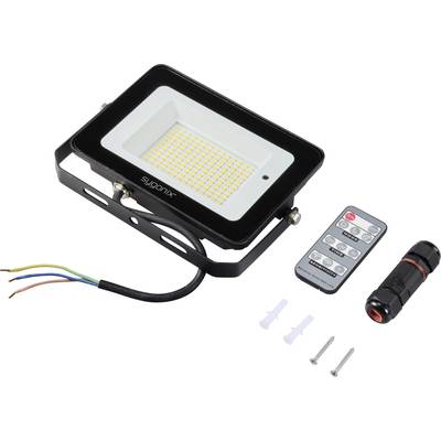 Projecteur LED avec télécommande, accessoires de montage et câble de raccordement. Convient à l'éclairage des espaces extérieurs.