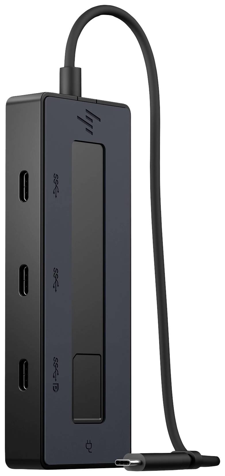 Un hub USB-C noir avec trois ports USB-C, un port USB-A et un lecteur de carte SD.