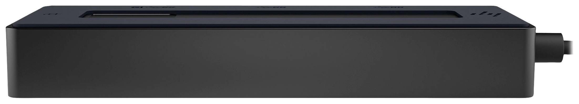 Un appareil électronique rectangulaire noir avec un logement visible et un bouton rotatif sur le côté.