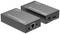 Deux prolongateurs HDMI IP noirs, un émetteur et un récepteur, avec des connexions pour LAN, HDMI et alimentation électrique. Adaptés pour la transmission vidéo Full HD.