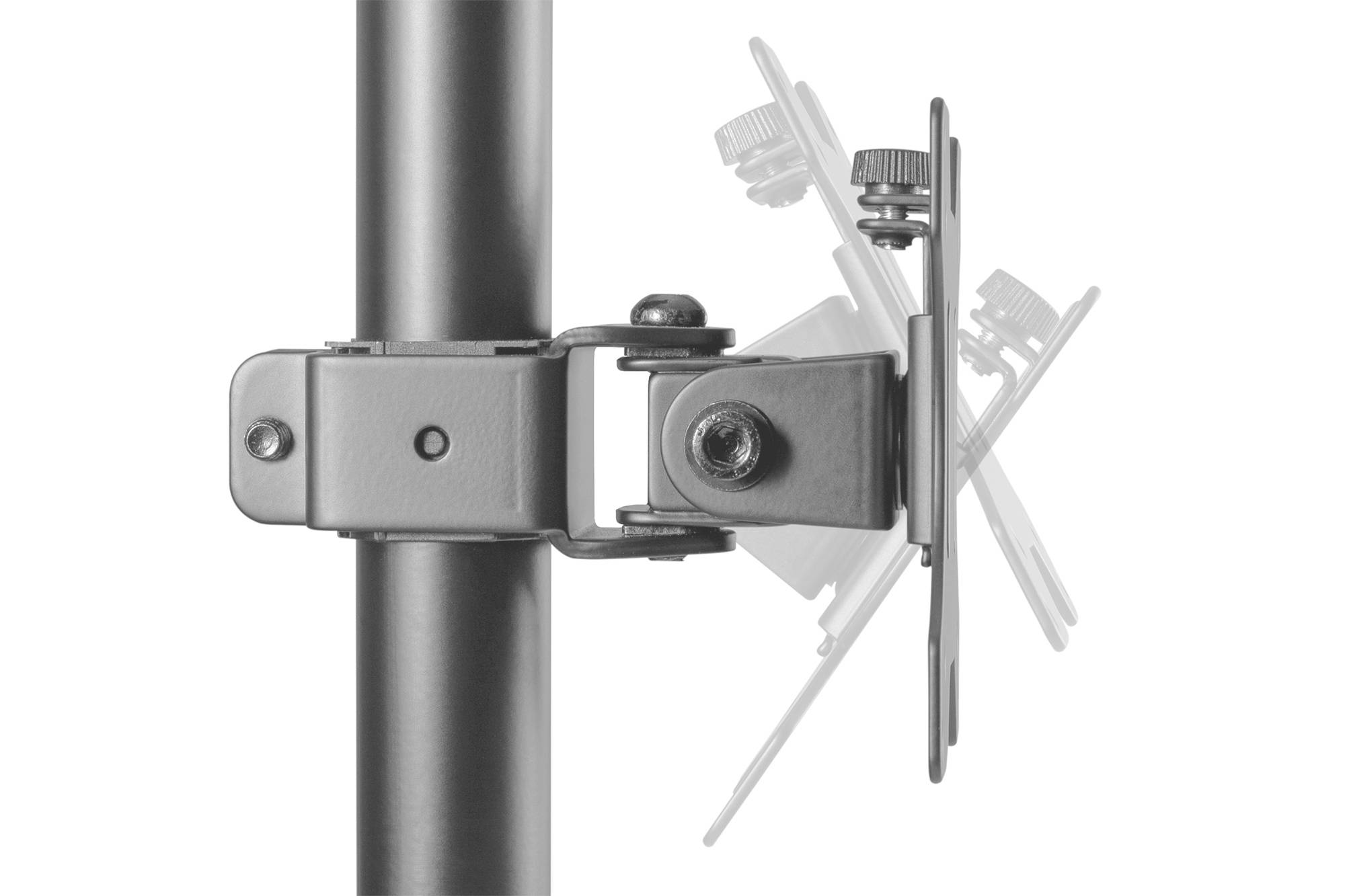 Support métallique avec bras pivotant sur un montant vertical, montrant différents angles de réglage.