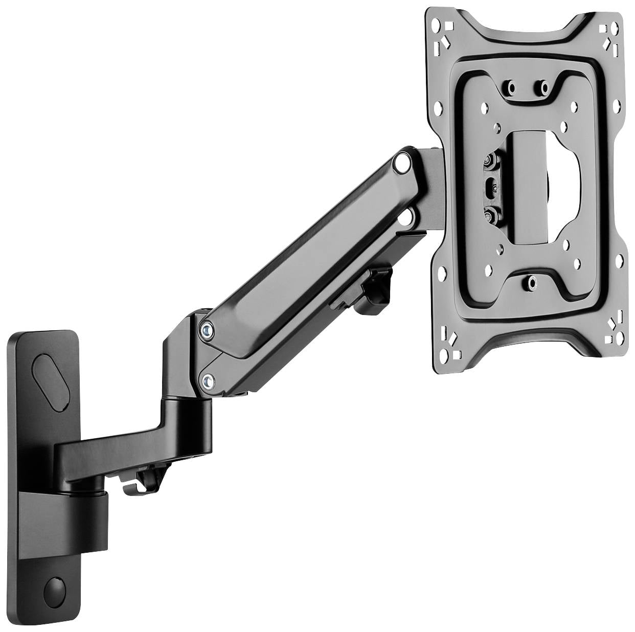 Bras de support métallique noir et ajustable pour écran, fixé à un support mural. Adapté pour installer un écran plat.