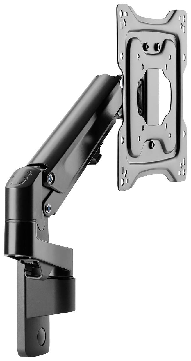 Bras de moniteur pivotant en métal noir, adapté pour la fixation murale d'écrans.