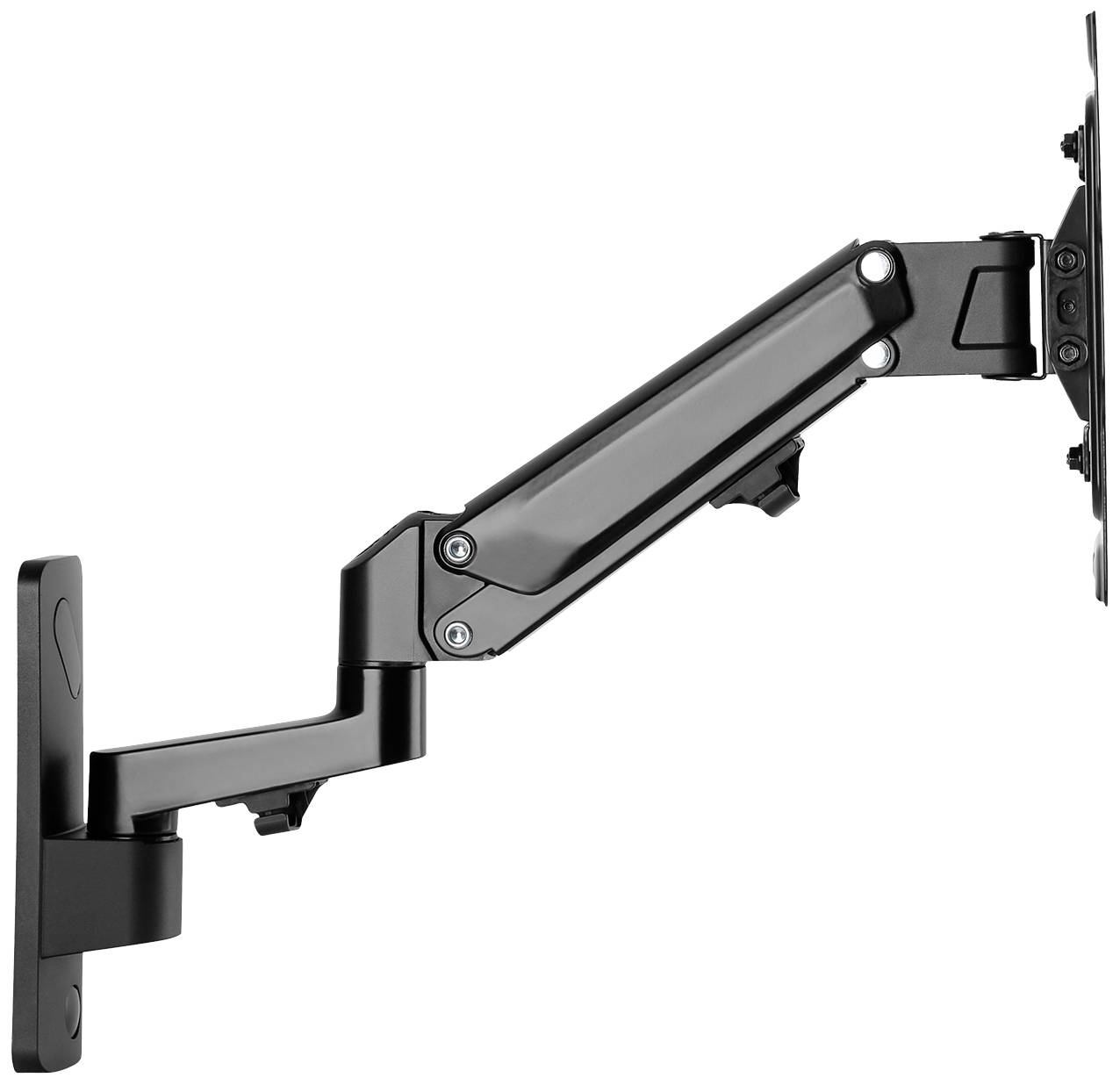 Support de moniteur ajustable en métal noir, fixé au mur, pour un positionnement flexible de l'écran.