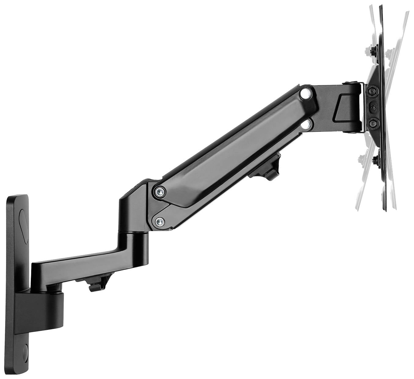 Un bras de support de moniteur noir et ajustable, monté au mur. Adapté pour maintenir un écran dans différentes positions.