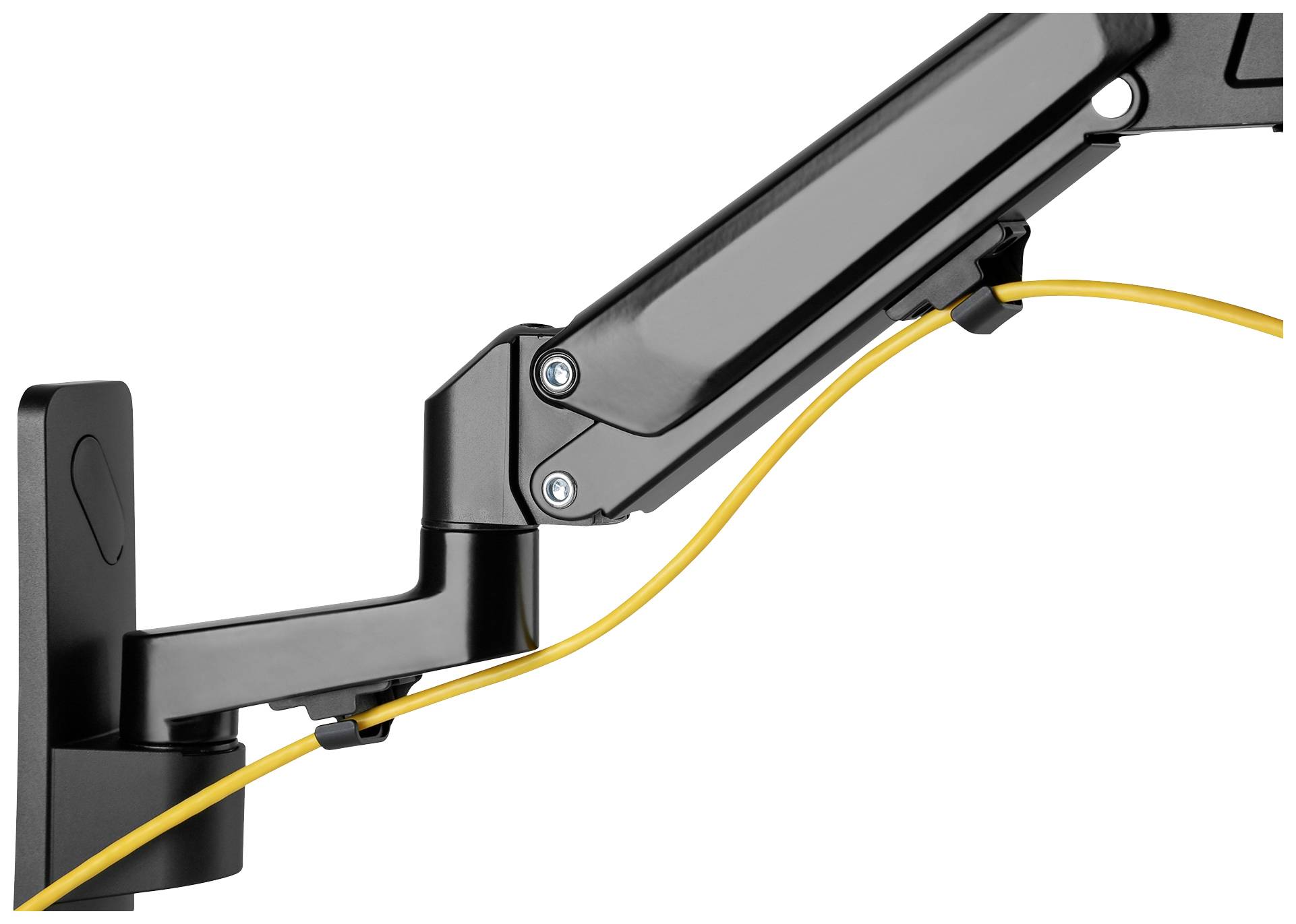Bras de moniteur noir guidé par un câble jaune le long de sa structure.