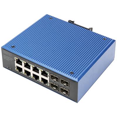 Switch réseau bleu avec huit ports Ethernet et quatre connexions optiques, adapté aux réseaux de bureaux ou domestiques.