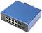 Switch réseau bleu avec huit ports Ethernet et quatre connexions optiques, adapté aux réseaux de bureaux ou domestiques.