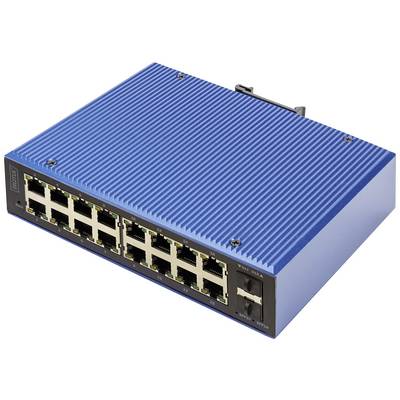 Un commutateur réseau bleu avec 16 ports Ethernet et un boîtier robuste. Adapté aux applications industrielles.