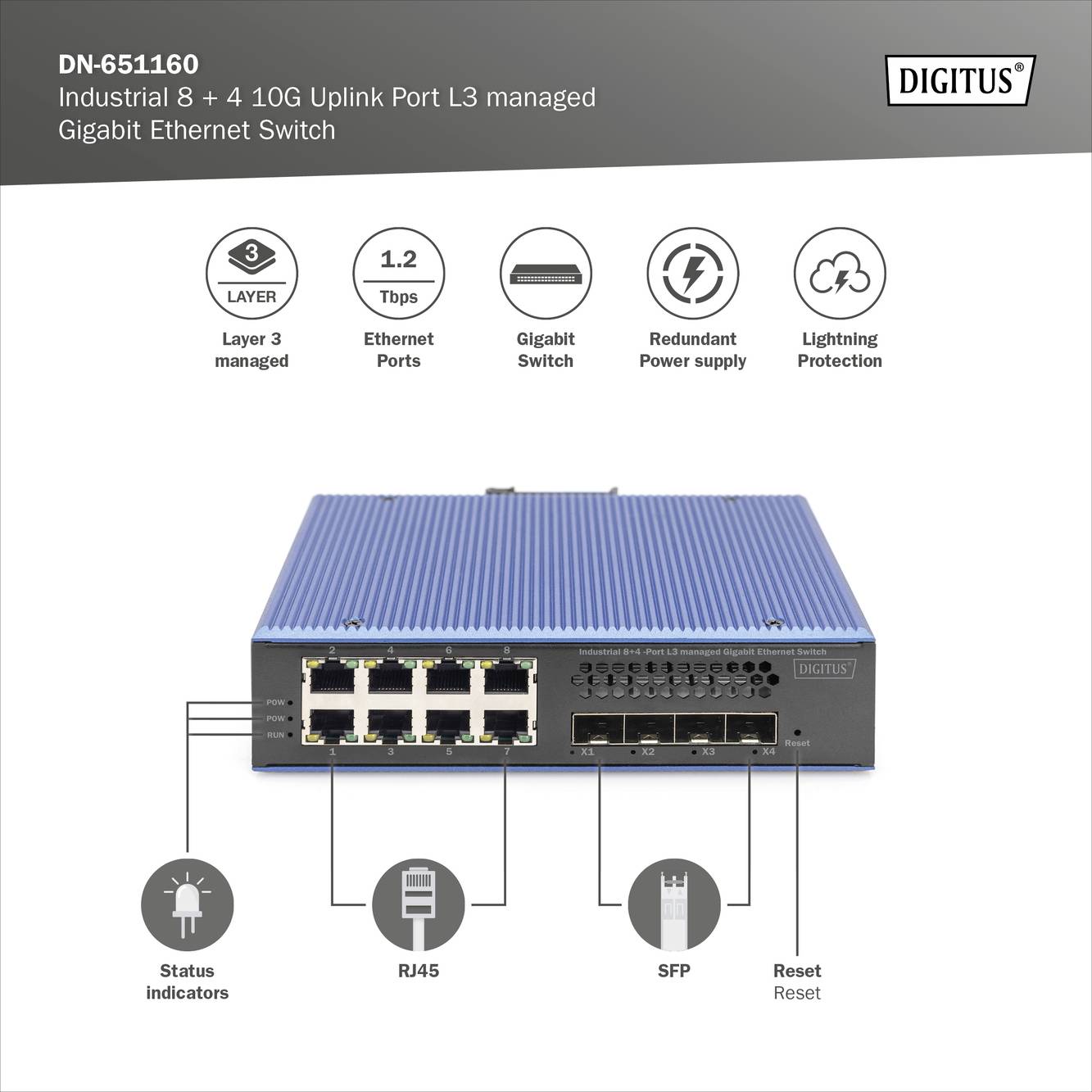 Switch Gigabit Ethernet 'Digitus DN-651160', 8 ports RJ45, 4 ports SFP. Caractéristiques : Couche 3, capacité de 1,2 Tbps, alimentation redondante.