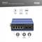Commutateur Ethernet Gigabit PoE industriel 4 + 2 ports de couleur bleue. Quatre ports RJ45, deux ports SFP. Adapté aux applications industrielles.