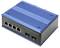 Commutateur PoE Gigabit Ethernet industriel bleu à 6 ports avec quatre ports RJ-45 et deux ports supplémentaires à l'avant.