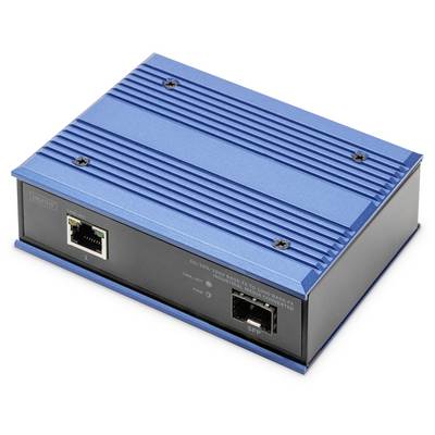 Switch réseau bleu avec un port Ethernet et un port SFP sur l'avant.