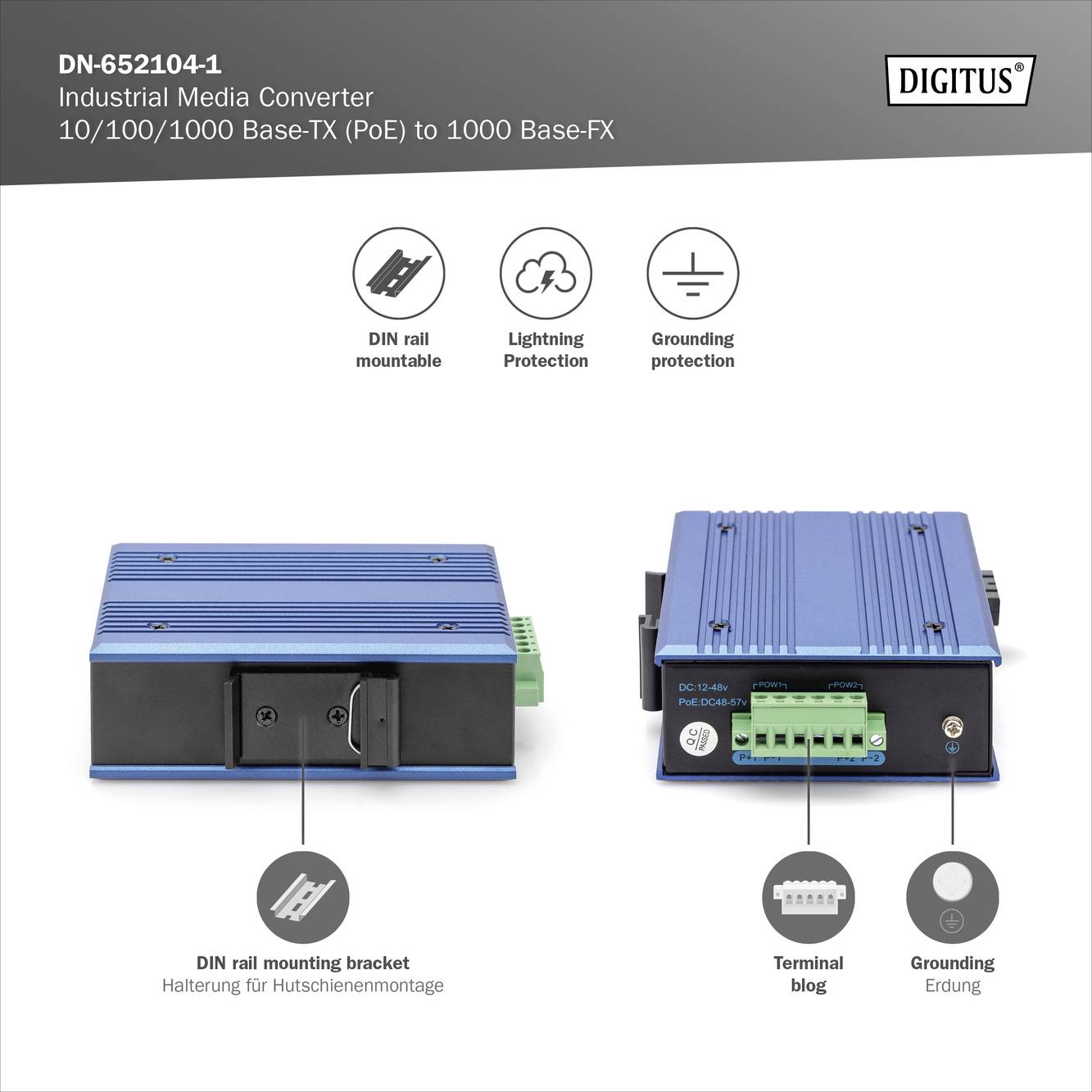 Convertisseur multimédia industriel pour montage sur rail DIN. Prend en charge 10/100/1000 Base-TX (PoE) vers 1000 Base-FX. Comprend des symboles de mise à la terre et de protection contre la foudre.