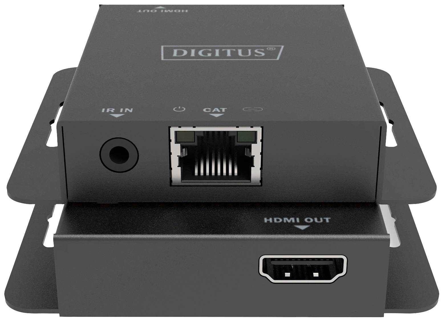 Appareil compact noir avec sortie HDMI et port CAT, conçu pour la transmission audio/vidéo via câble réseau ou HDMI.