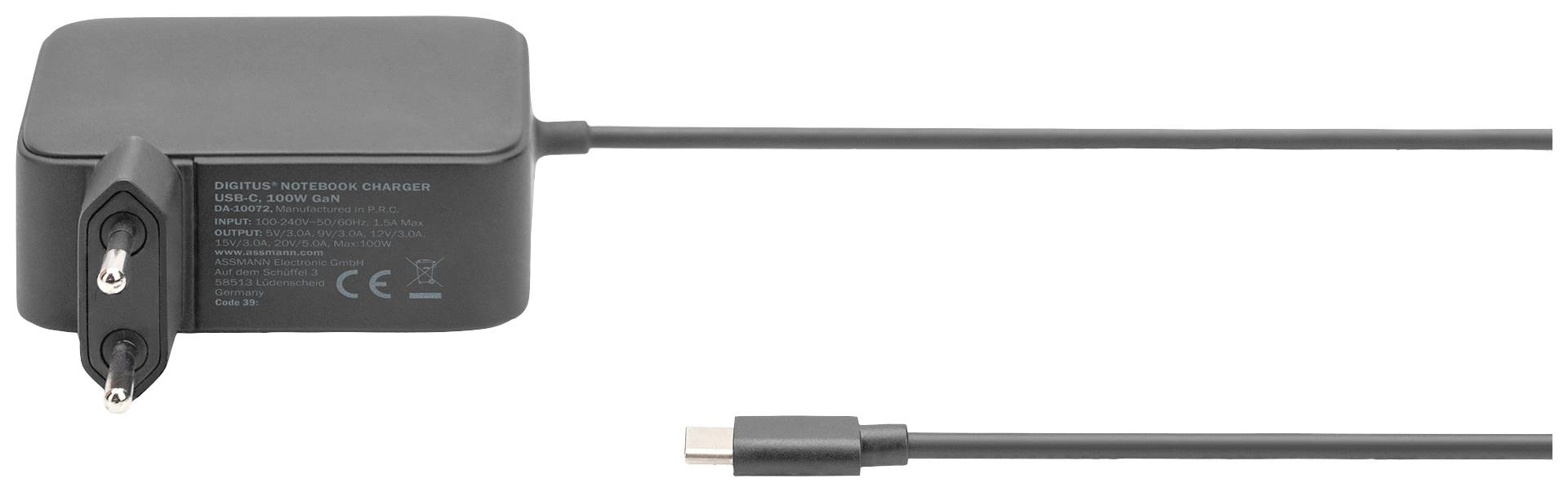 Chargeur d'ordinateur portable noir avec fiche européenne et câble USB-C.