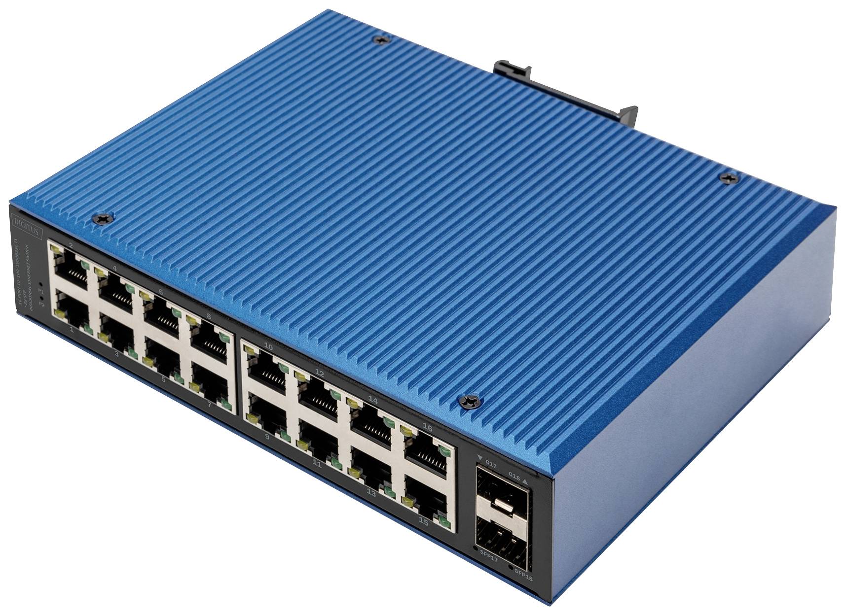 Un commutateur réseau bleu avec seize ports Ethernet et deux interfaces supplémentaires, adapté pour connecter plusieurs appareils au sein d'un réseau.
