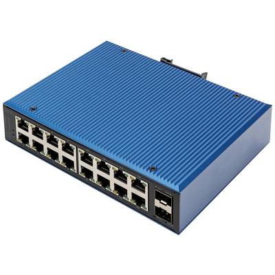 Un commutateur réseau bleu avec seize ports Ethernet et deux interfaces supplémentaires, adapté pour connecter plusieurs appareils au sein d'un réseau.