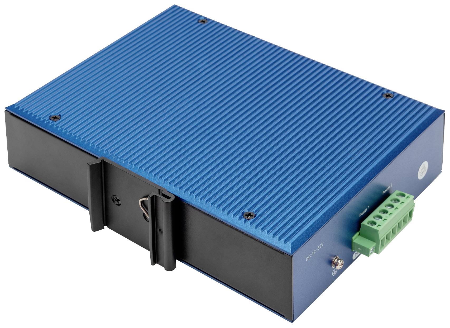 Appareil bleu, rectangulaire, à surface texturée et présentant plusieurs possibilités de connexion, probablement un composant électronique.